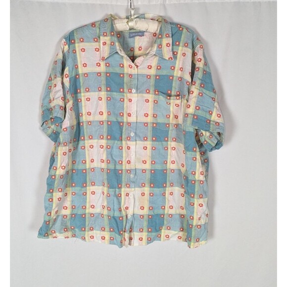 Liz & Me Button Down 4X Women's Plaid Floral Embroidered Short Sleeve Blouse - Picture 1 of 5